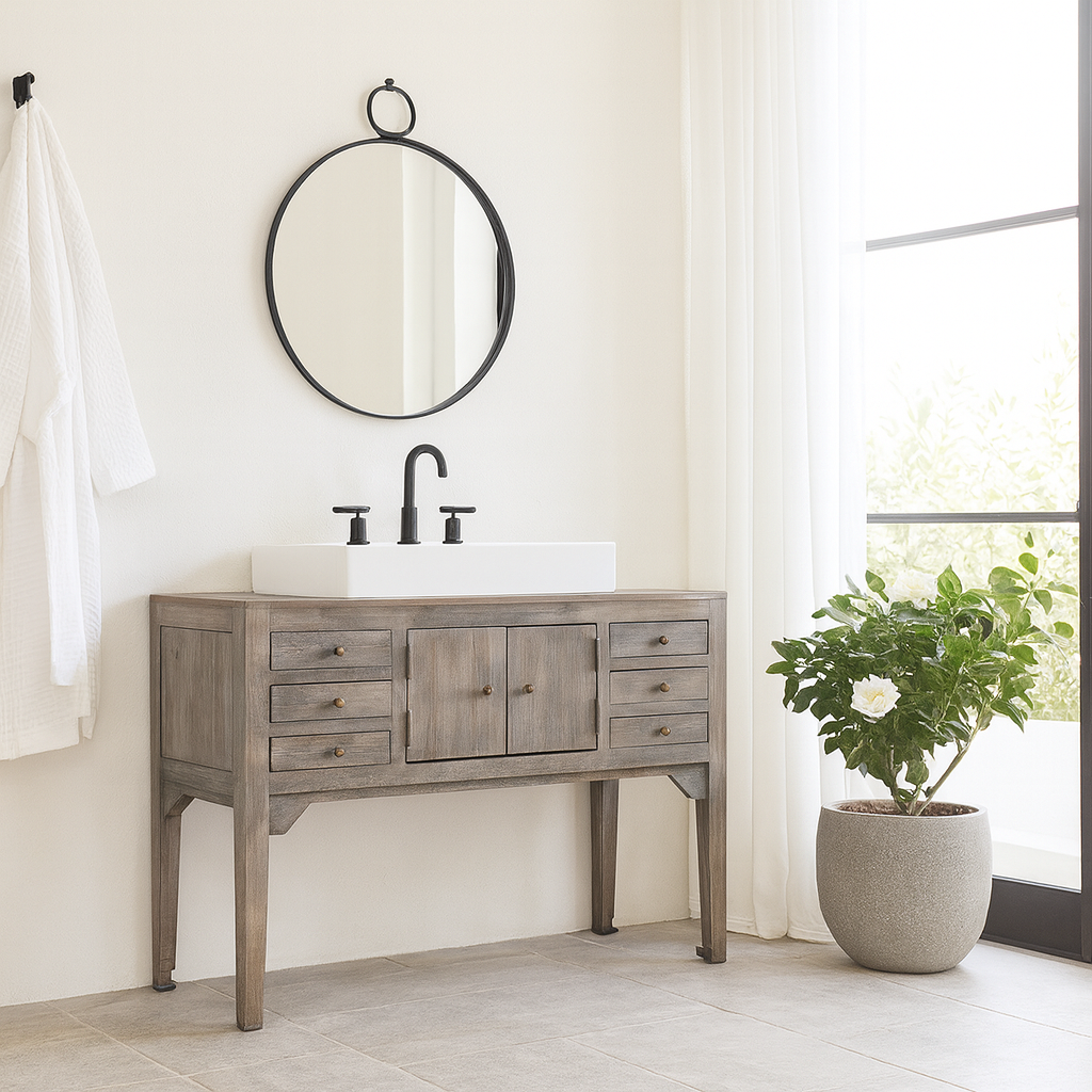 Lifestyle imagination of a console table wood with drawers and doors, ideal as an entryway table vintage statement piece.