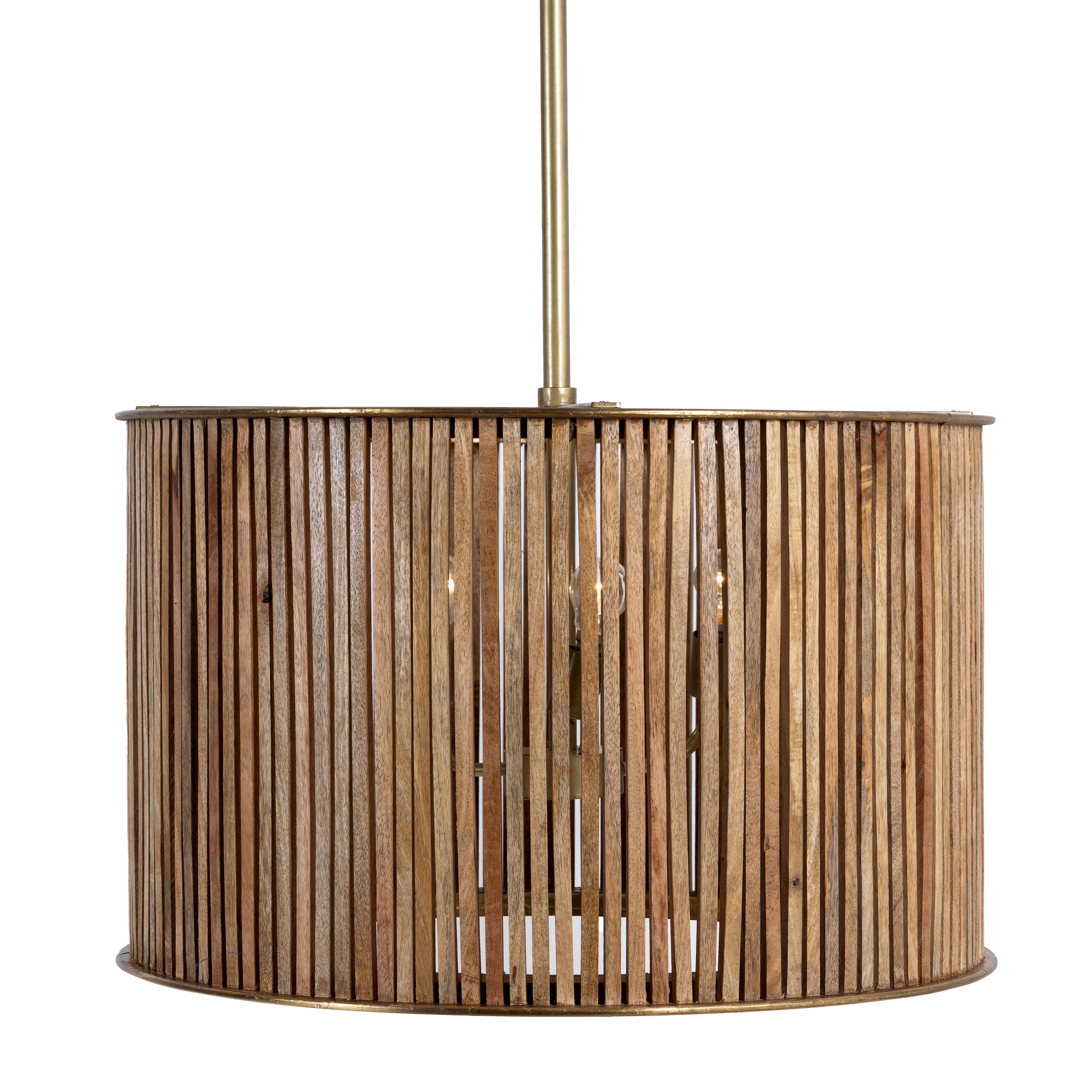 White background image of a large rustic pendant lamp made of natural mango wood with brass-clad edges – minimalistic style lighting ideal for dining rooms, kitchens, or spacious living areas.