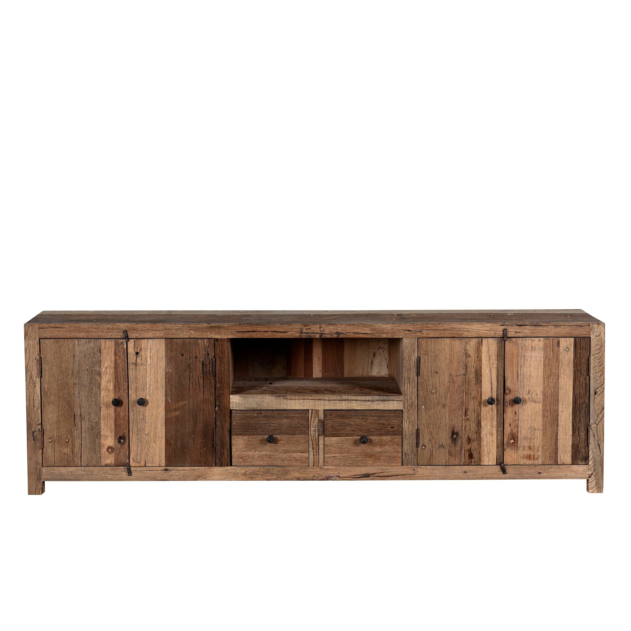 White background image of a sustainable driftwood sideboard with two drawers, open shelf, and cabinets; made from reclaimed wood, 200 × 45 × 60 cm.