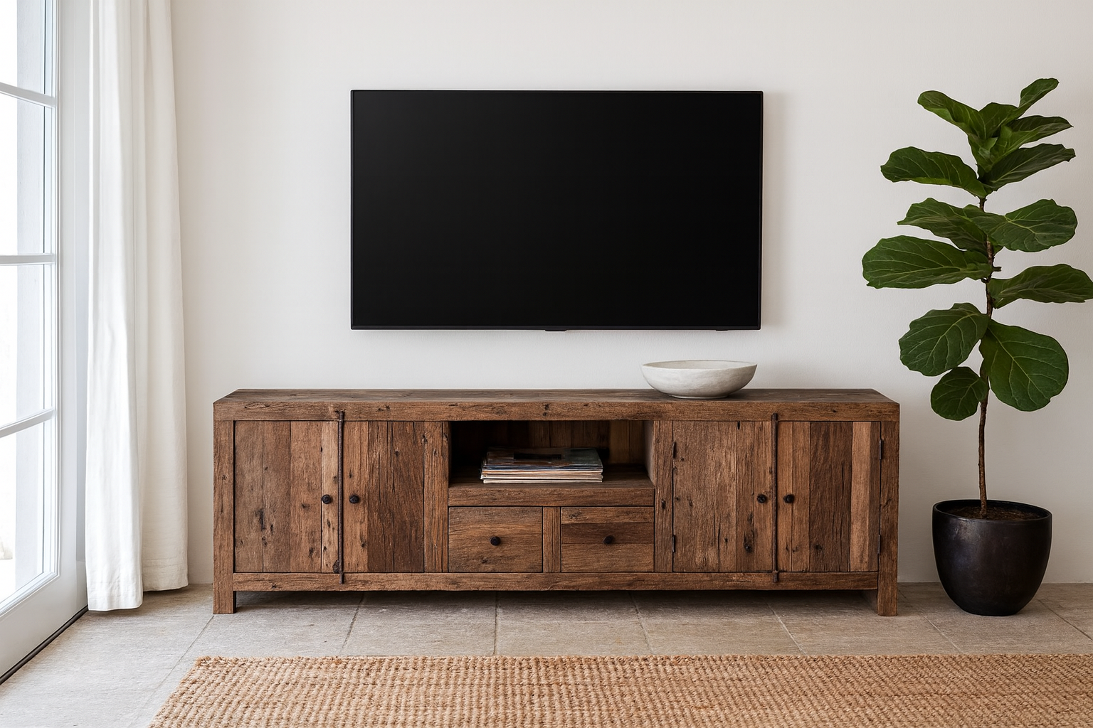 Lifestyle imagination of a sustainable driftwood sideboard with two drawers, open shelf, and cabinets; made from reclaimed wood, 200 × 45 × 60 cm.