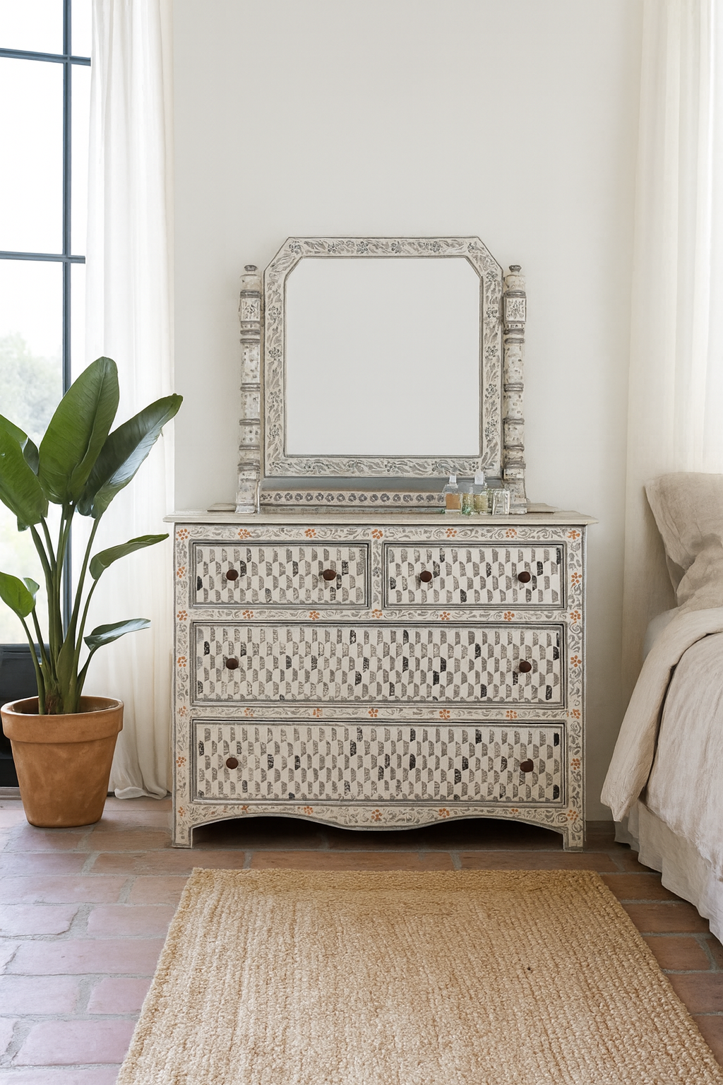 Lifestyle imagination of a of a hand-painted dressing table with mirror made of reclaimed wood – Meira model by Om Home & Garden