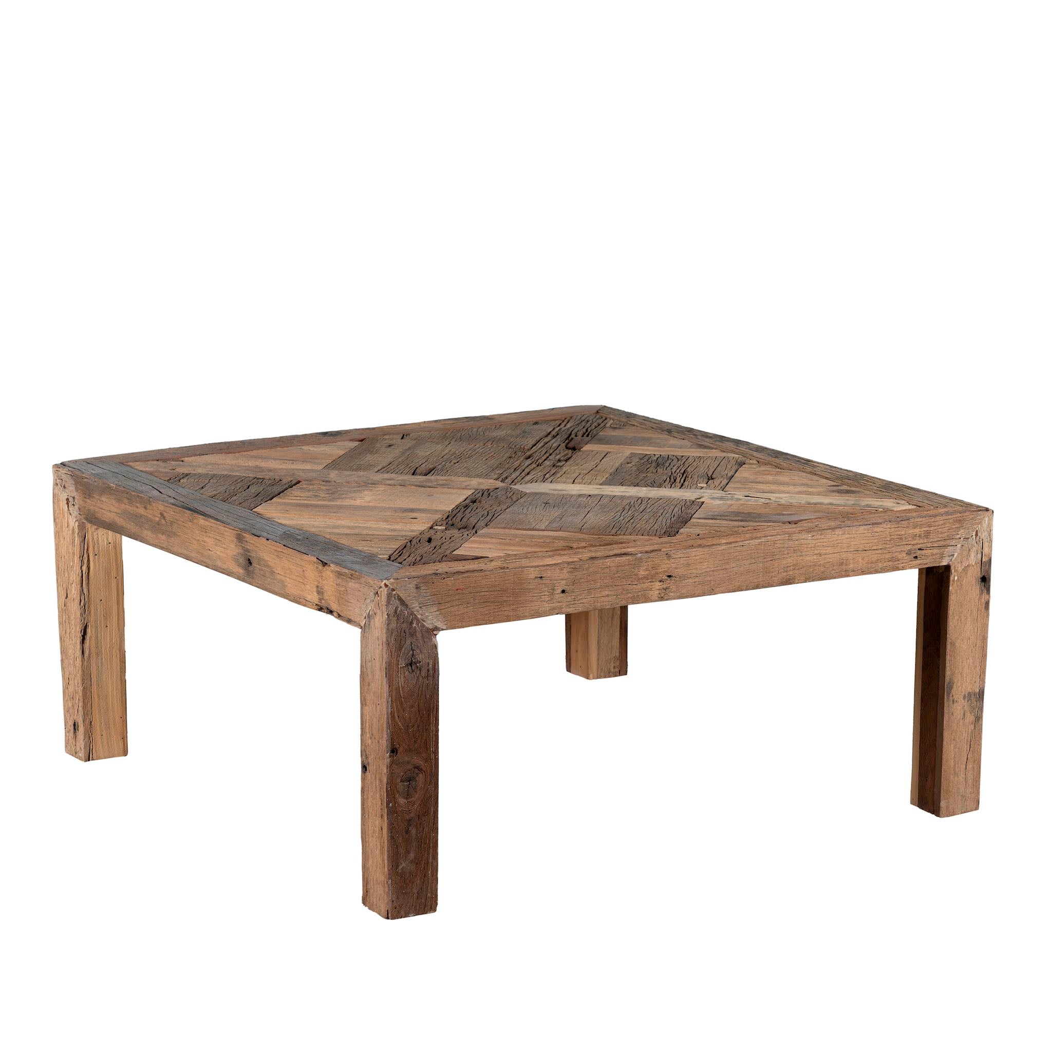 White background image of a rustic minimalistic coffee table with geometric inlay, reclaimed wood coffee table crafted from sustainable furniture materials, 100 × 100 × 45 cm.