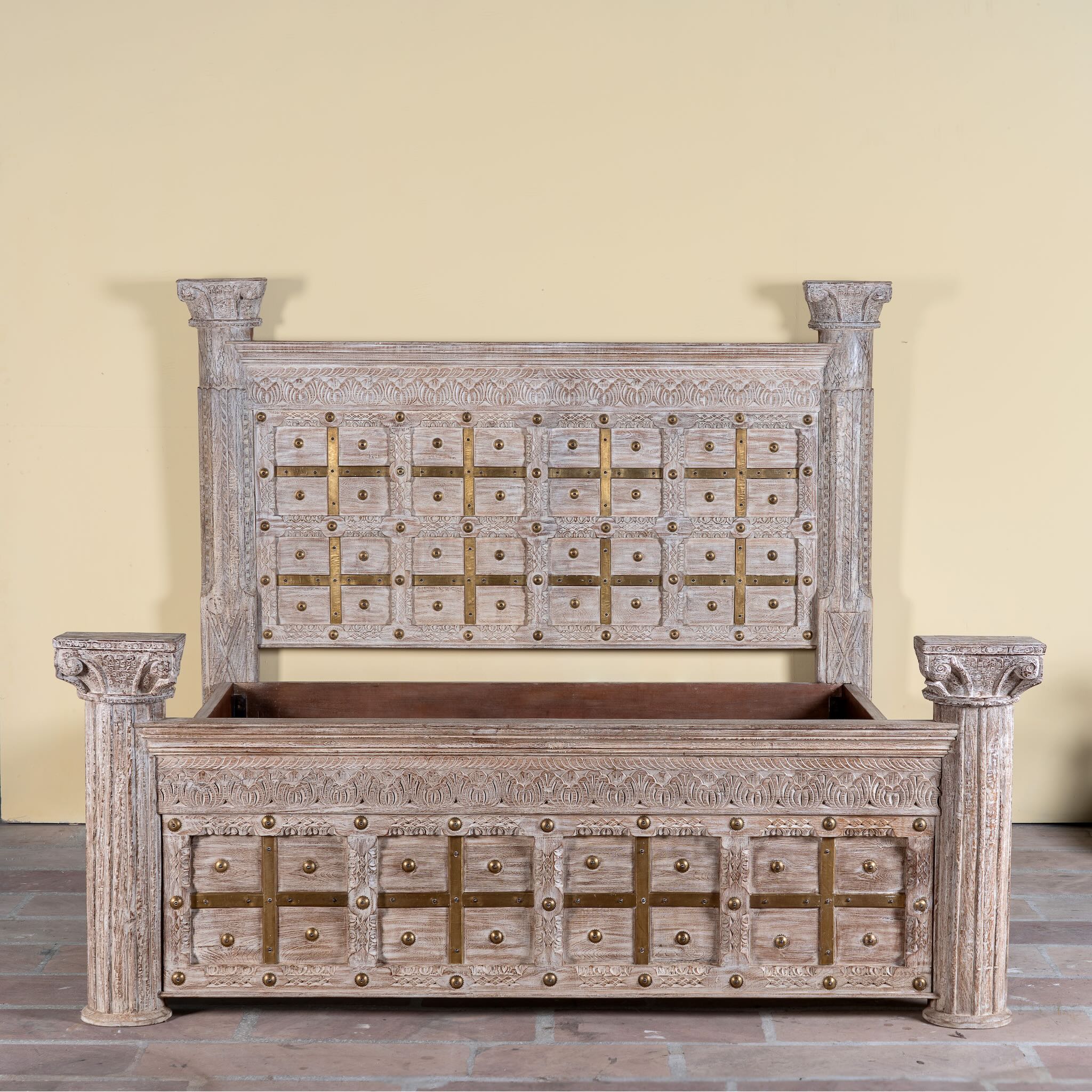 Handcrafted four poster bed made from reclaimed wood with carved detailing – Mirai model by Om Home & Garden