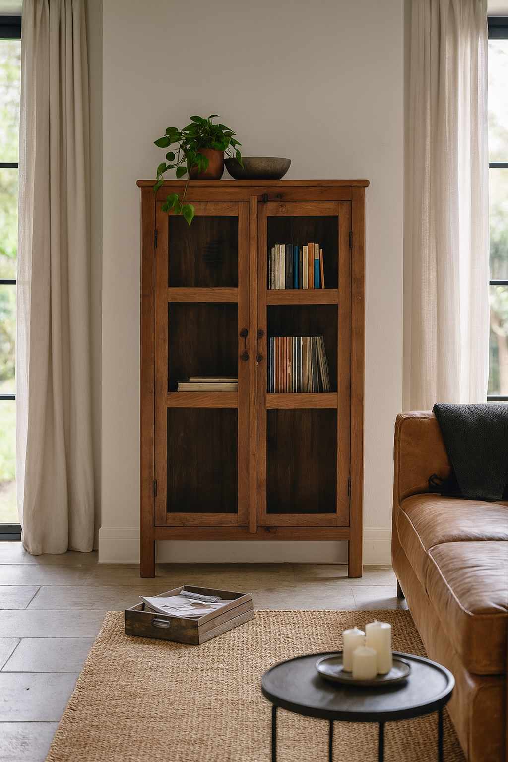 Lifestyle image of a compact reclaimed teak wood display cabinet with two glass doors and shelving – sustainable teak wood furniture combining functional design and unique character.
