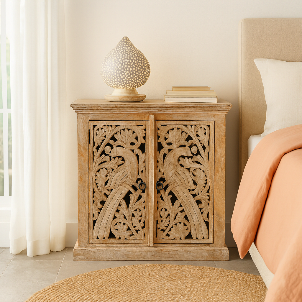 Wooden nightstand with intricate carvings next to a bed in a bedroom.