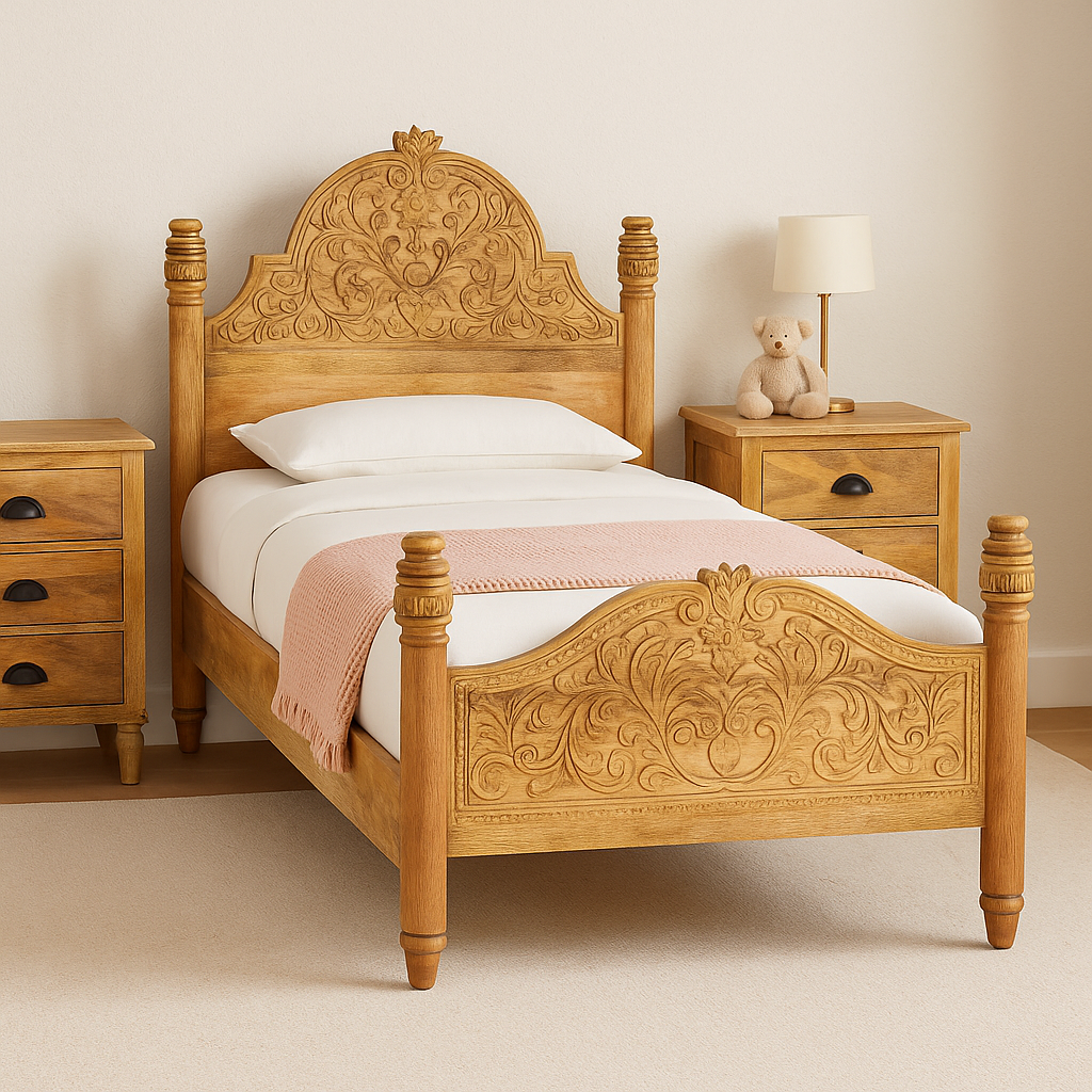 Wooden bed with intricate carvings in a bedroom setting