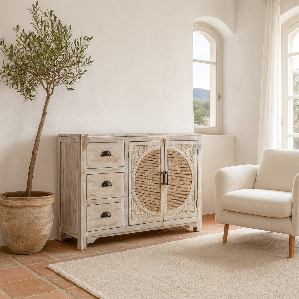 Handcrafted mango wood dresser with floral carvings and rattan cane inserts, bohemian interior and rattan furniture style, whitewashed finish, 120 × 40 × 92 cm.