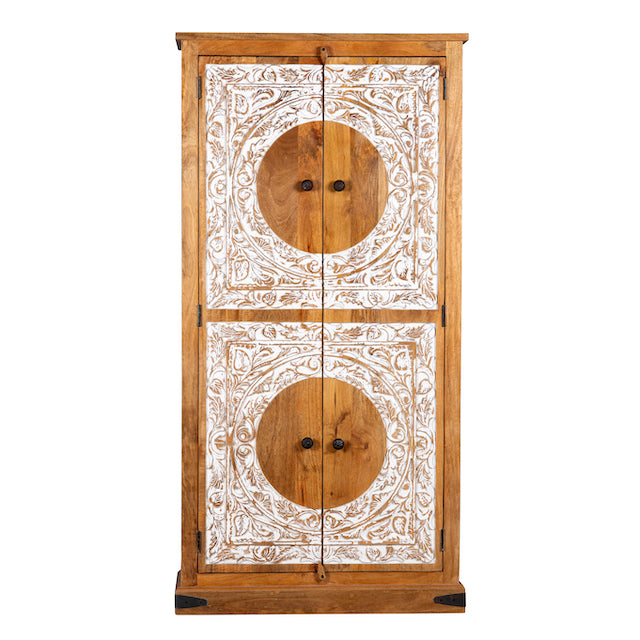 White background image of a mango wood furniture cabinet with full front floral carving, artisanal bedroom furniture with hand-carved details, 180 × 90 × 40 cm.