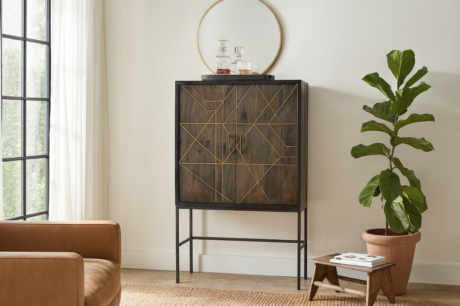 Lifestyle imagination of a black wooden cabinet with handcrafted copper inlays and nickel-plated metal base—an artisanal furniture piece with a refined minimalistic style.