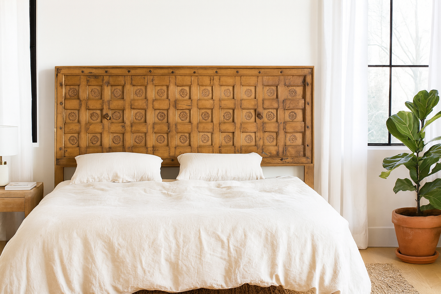 Lifestyle image of a Okha antique Indian teak door repurposed as a decorative wall panel or old door headboard, featuring original hand-carved detailing and a naturally aged finish—an authentic piece of old Indian door furniture.