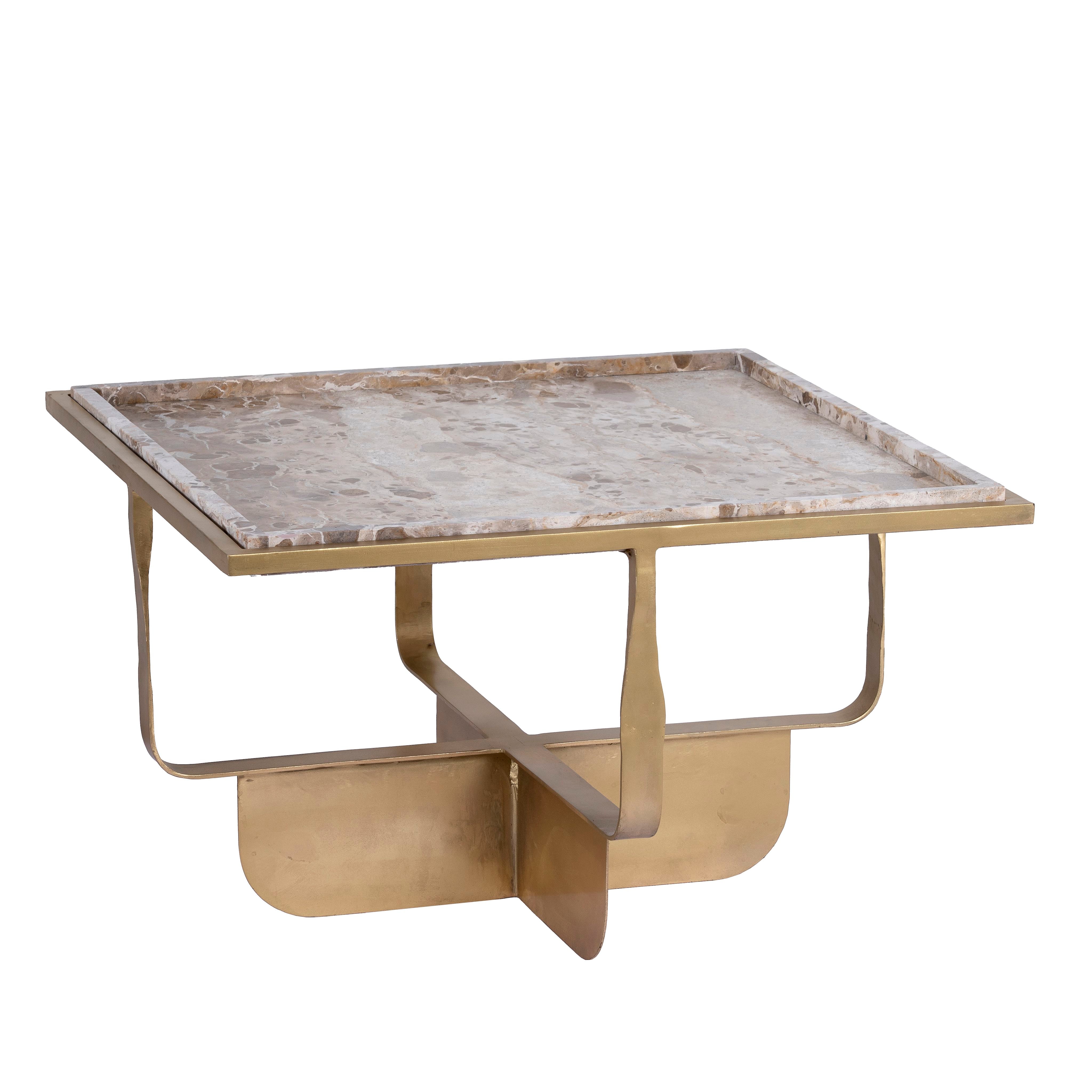 Square metal coffee table with brown marble top and copper-finished iron base; marble top coffee table, 76 × 76 × 46 cm.