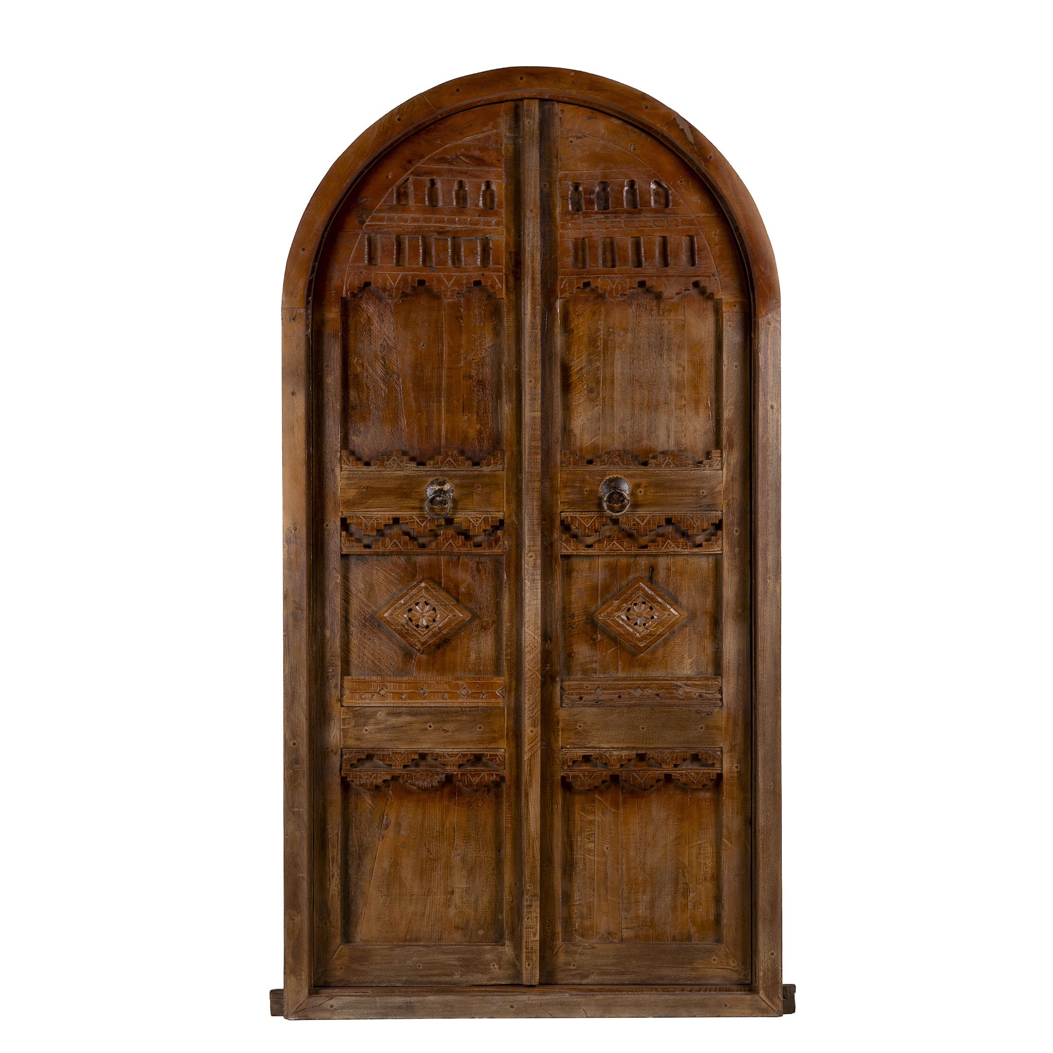White background image of an arched Moroccan-style door with frame made from reclaimed wood, featuring hand-carved details and a natural aged finish, suitable for wall décor or inbuilt installation.