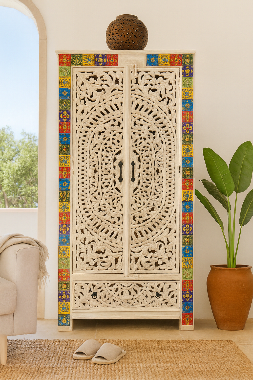 Lifestyle image of a hand-carved mango wood cabinet with white-wash finish and ceramic detailing – artisanal furniture and carved wooden furniture with Mediterranean flair.
