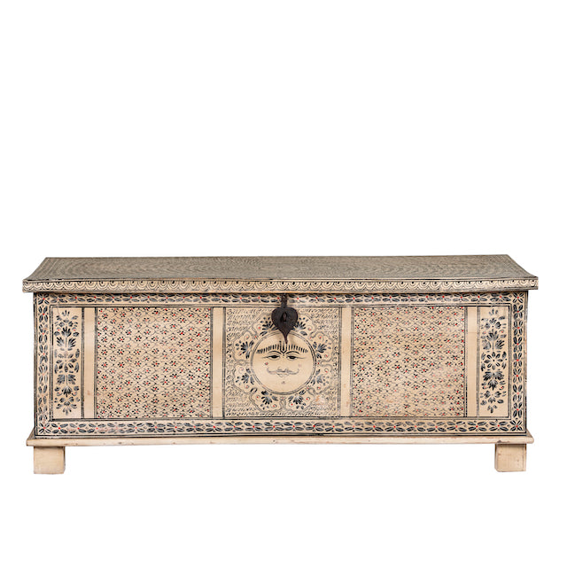 White background image of a hand-painted reclaimed wood chest box with Indian motifs – vintage home decor and versatile storage with coffee table function.