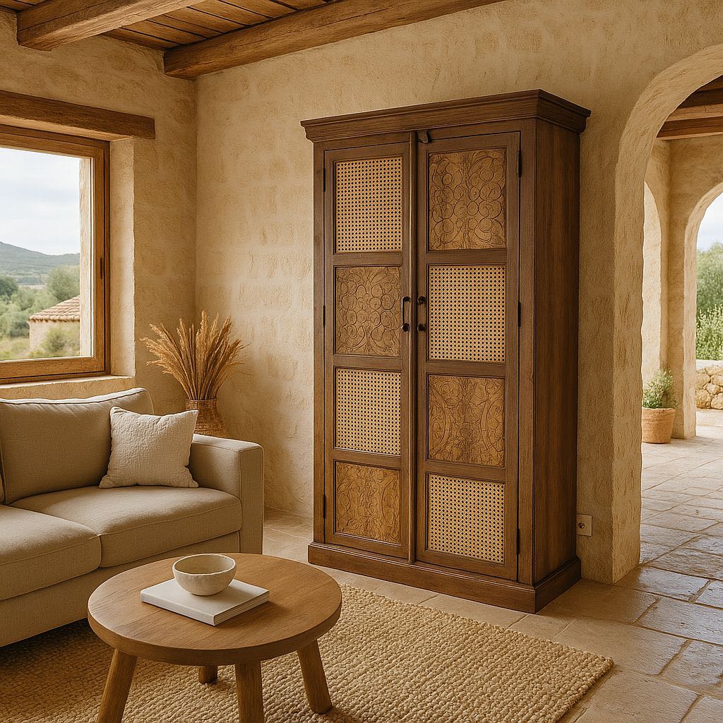 Country house scene of a hand carved mango wood cabinet with floral design, 2 doors and one drawer in vintage design.