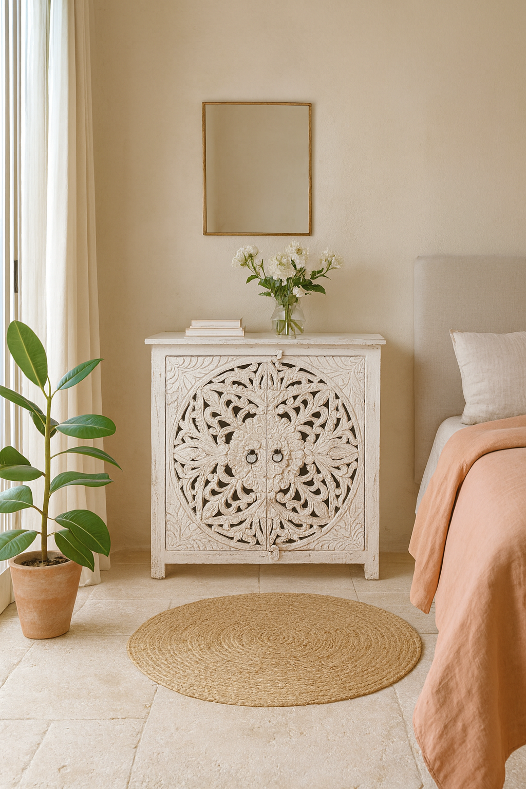 Lifestyle imagination of a white carved wood cabinet made from solid mango wood with hand-carved Indian motifs, 90 × 90 × 40 cm.