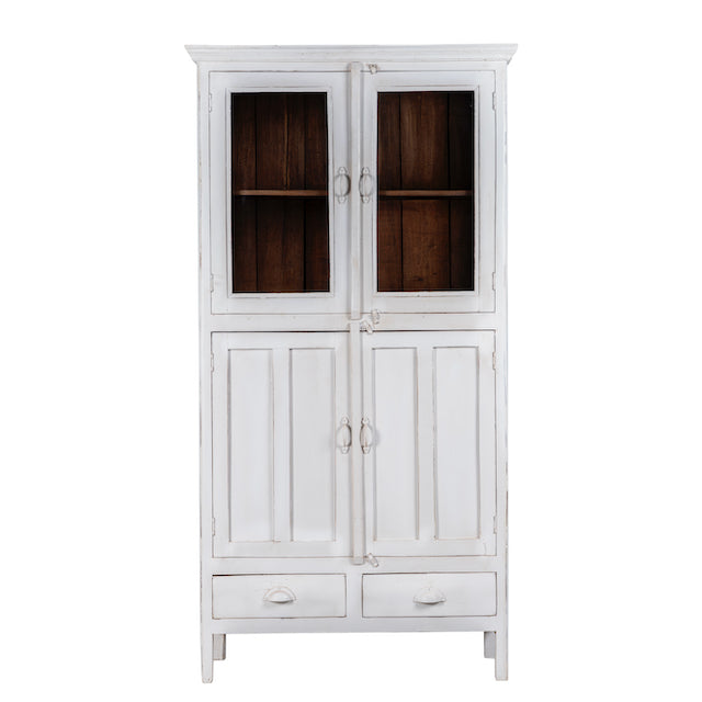 White background image of a shabby chic teak wood cabinet with glass doors, drawers, and compartments – sustainable living room furniture crafted from refurbished teak wood with a soft white finish.