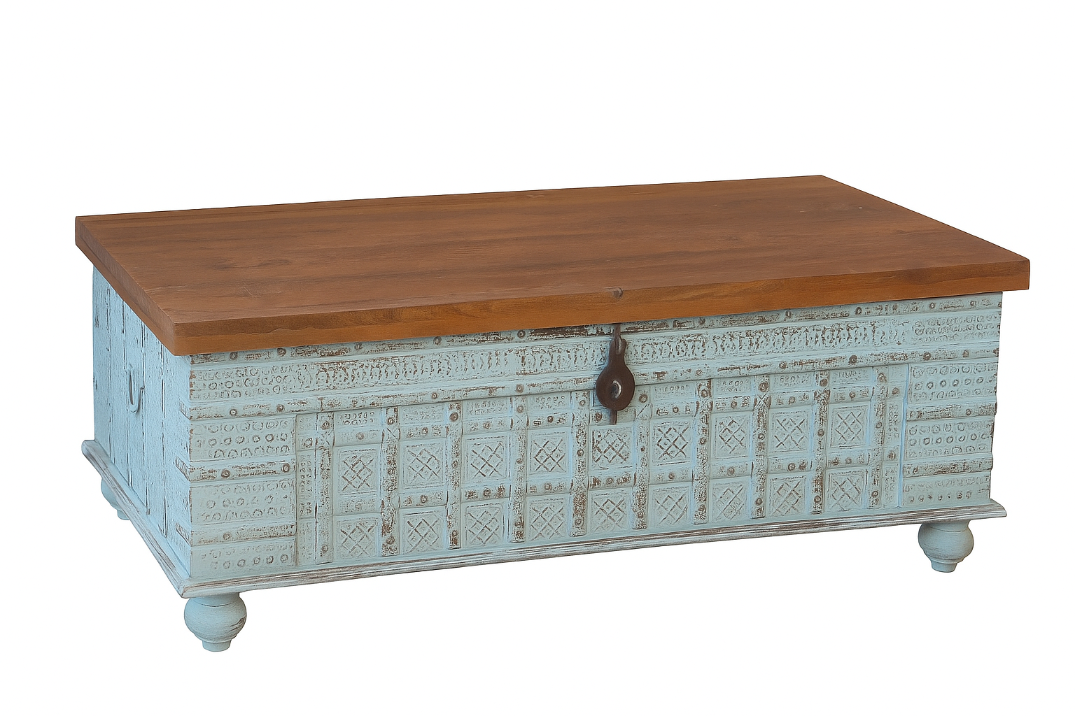 White background image of a antique Indian chest coffee table in blue with brass fittings – solid teak iron fitted wooden chest repurposed as living room table with storage.