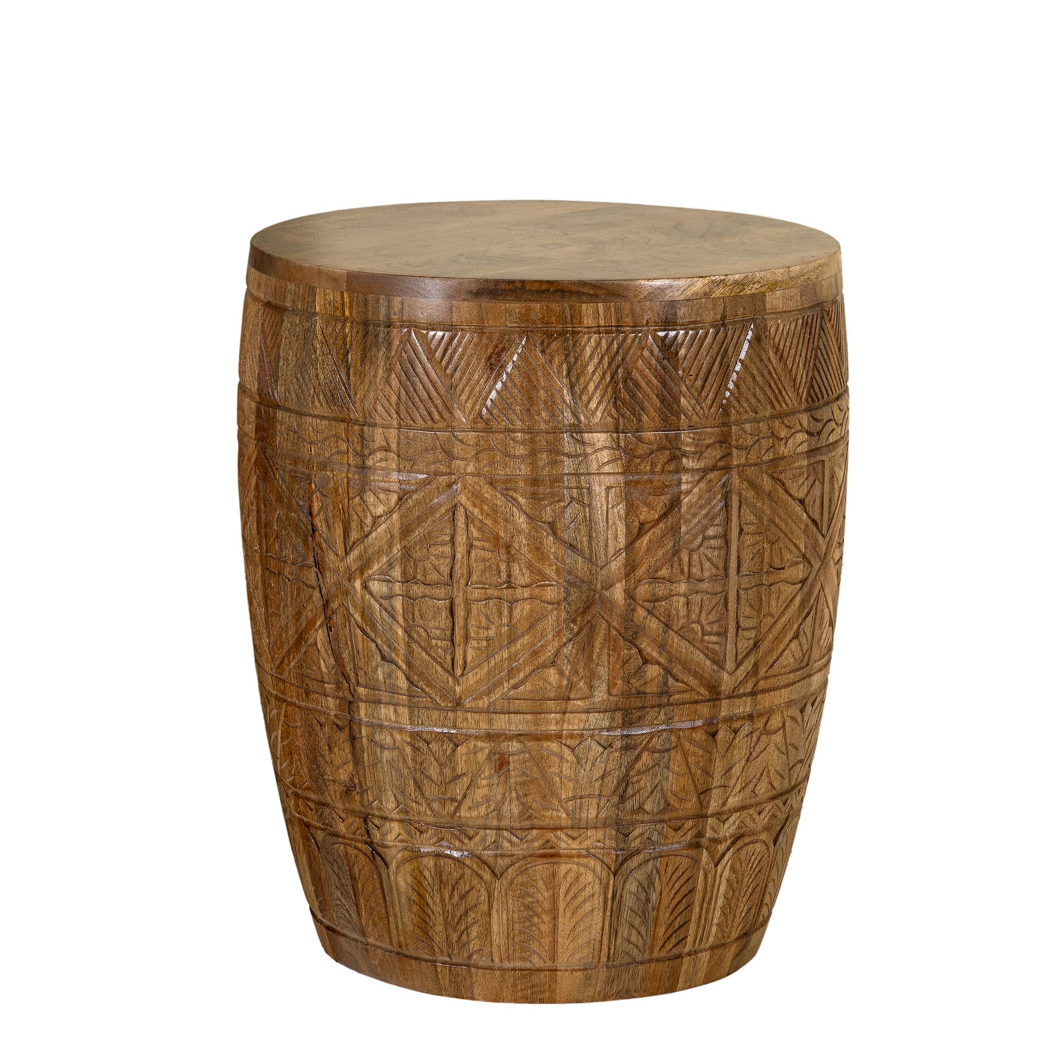 White background picture of a round mango wood side table with hand carved floral and geometrical designs.