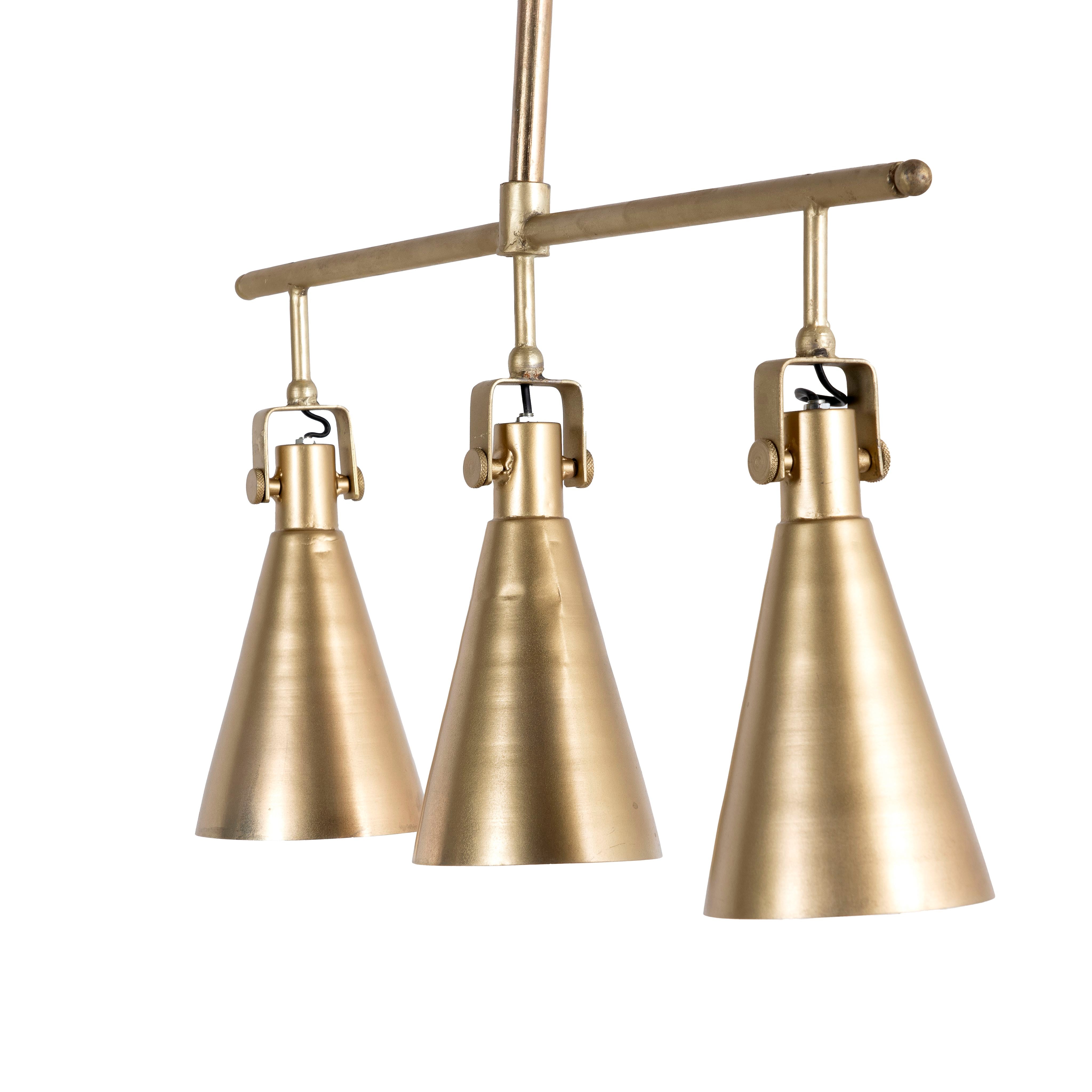 White background image of a three-light iron pendant lamp with brass finish and tapered design – minimalistic style lighting and iron pendant lights for modern interiors.