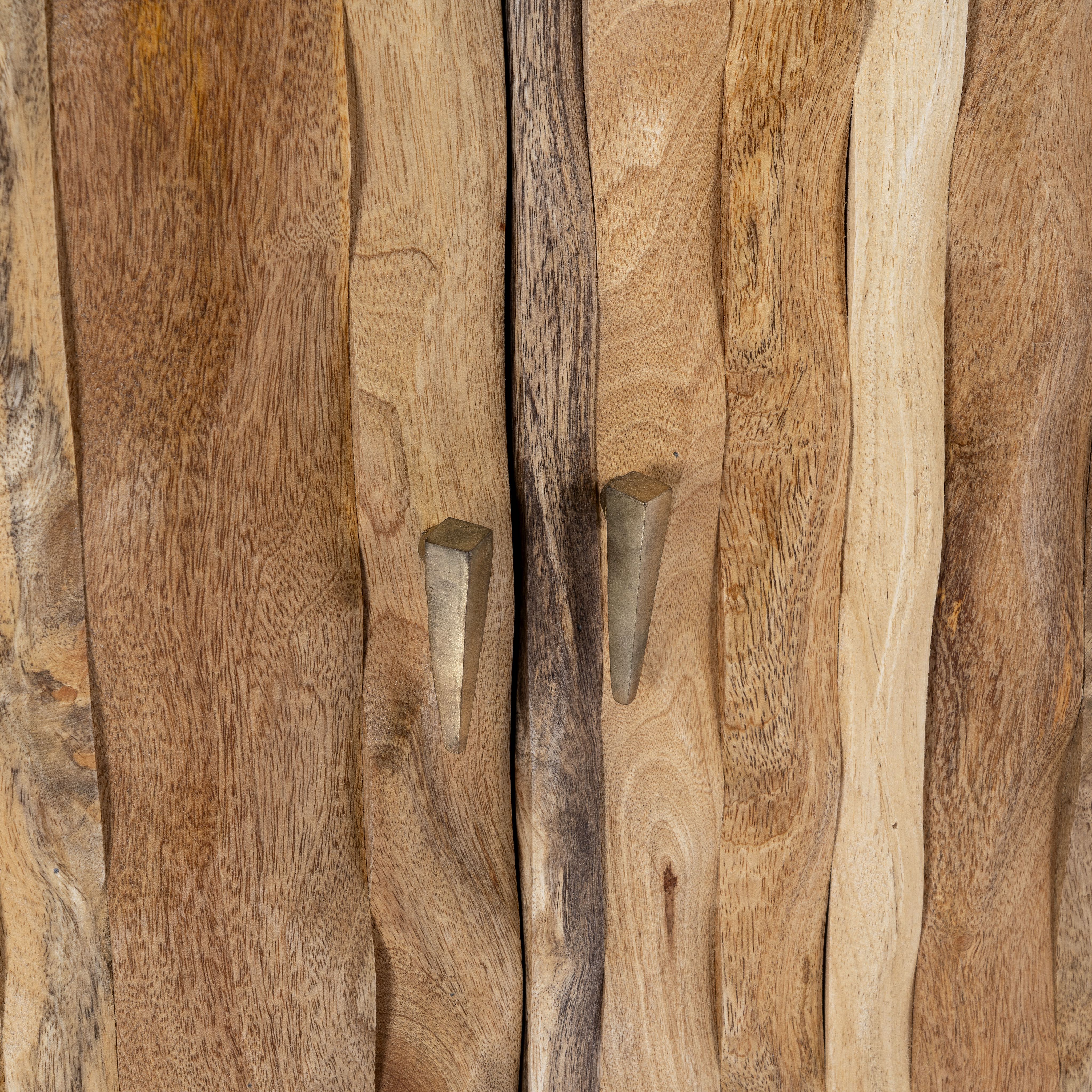 Close up image of a handmade mango wood sideboard with live-edge design, brass-coated base, and handles—an artisanal furniture piece combining natural and modern elements.