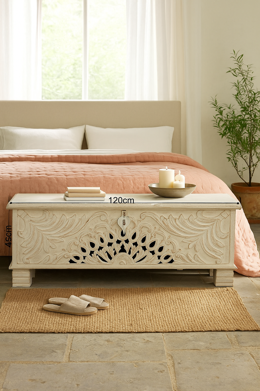 Lifestyle image of a Hand-carved mango wood vintage chest with floral detailing – a one-of-a-kind mango wood chest ideal for Mediterranean-inspired interiors.