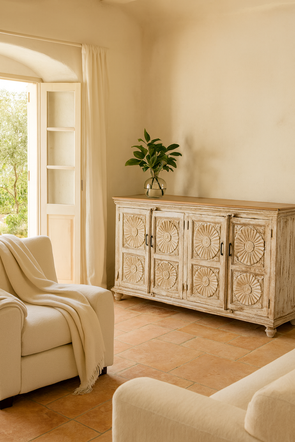 Handcrafted carved sideboard made from reclaimed wood with floral motifs and distressed finish; suitable as bedroom furniture, 180 × 40 × 100 cm.