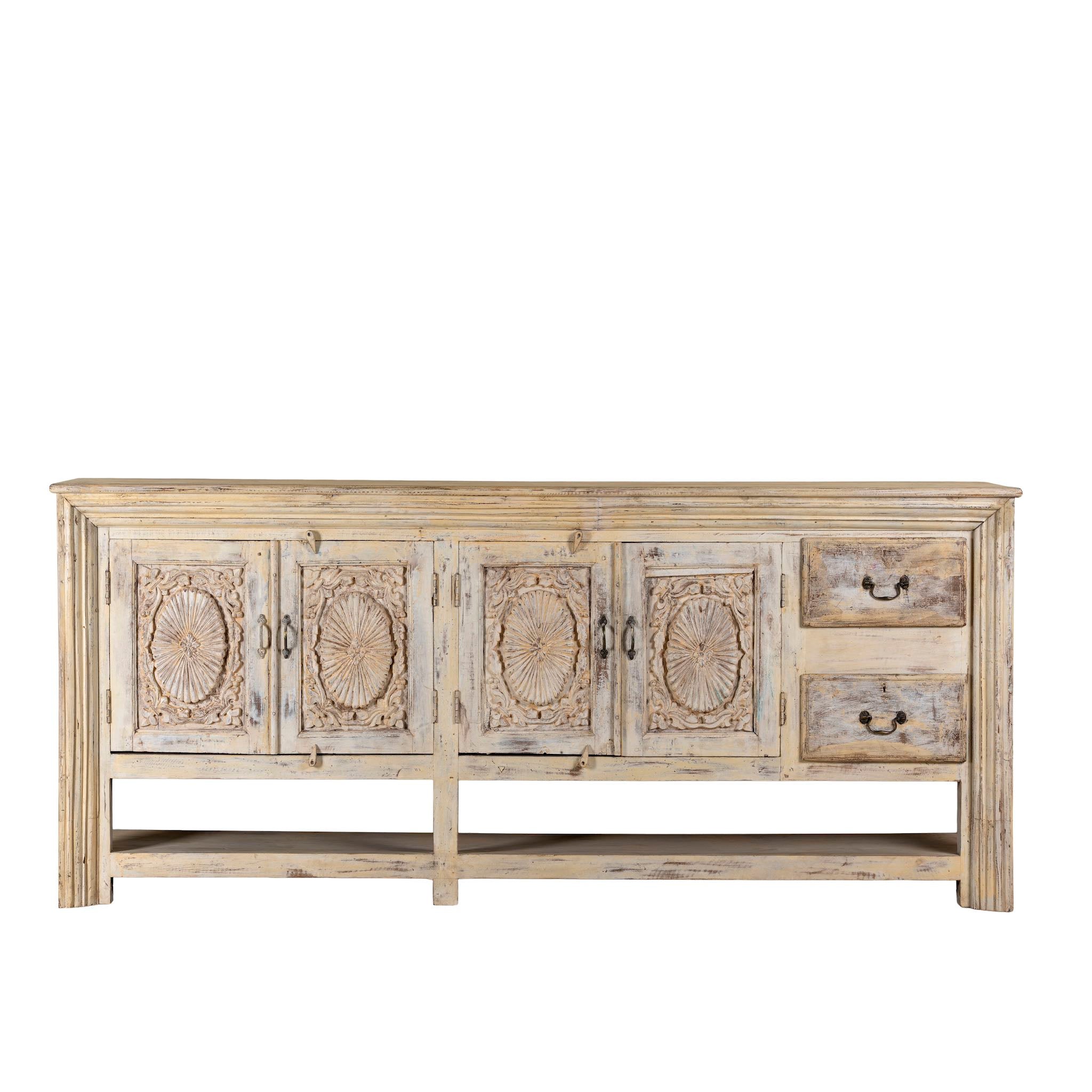 White background image of a vintage console table made from reclaimed wood with carved teak front, two drawers, four cupboards, and lower shelf, 201 × 42 × 100 cm.