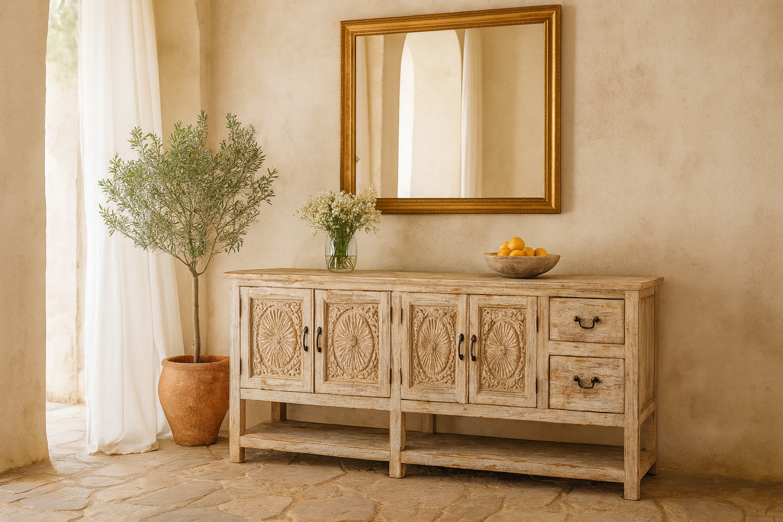 Lifestyle imagination of a vintage console table made from reclaimed wood with carved teak front, two drawers, four cupboards, and lower shelf, 201 × 42 × 100 cm.