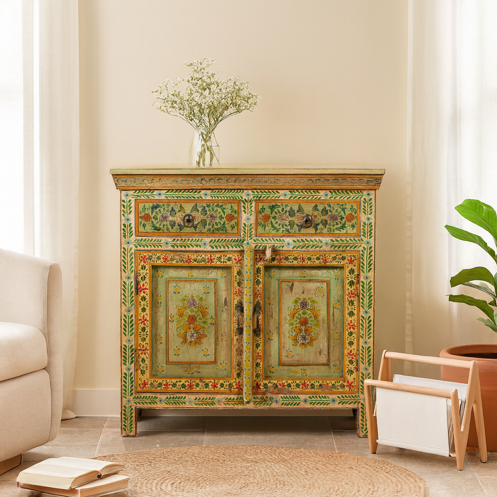 Lifestyle imagination of a hand painted green Indian cabinet made from recycled wood with floral motifs, 2 drawers and 2 compartments, 90 × 90 × 40 cm.