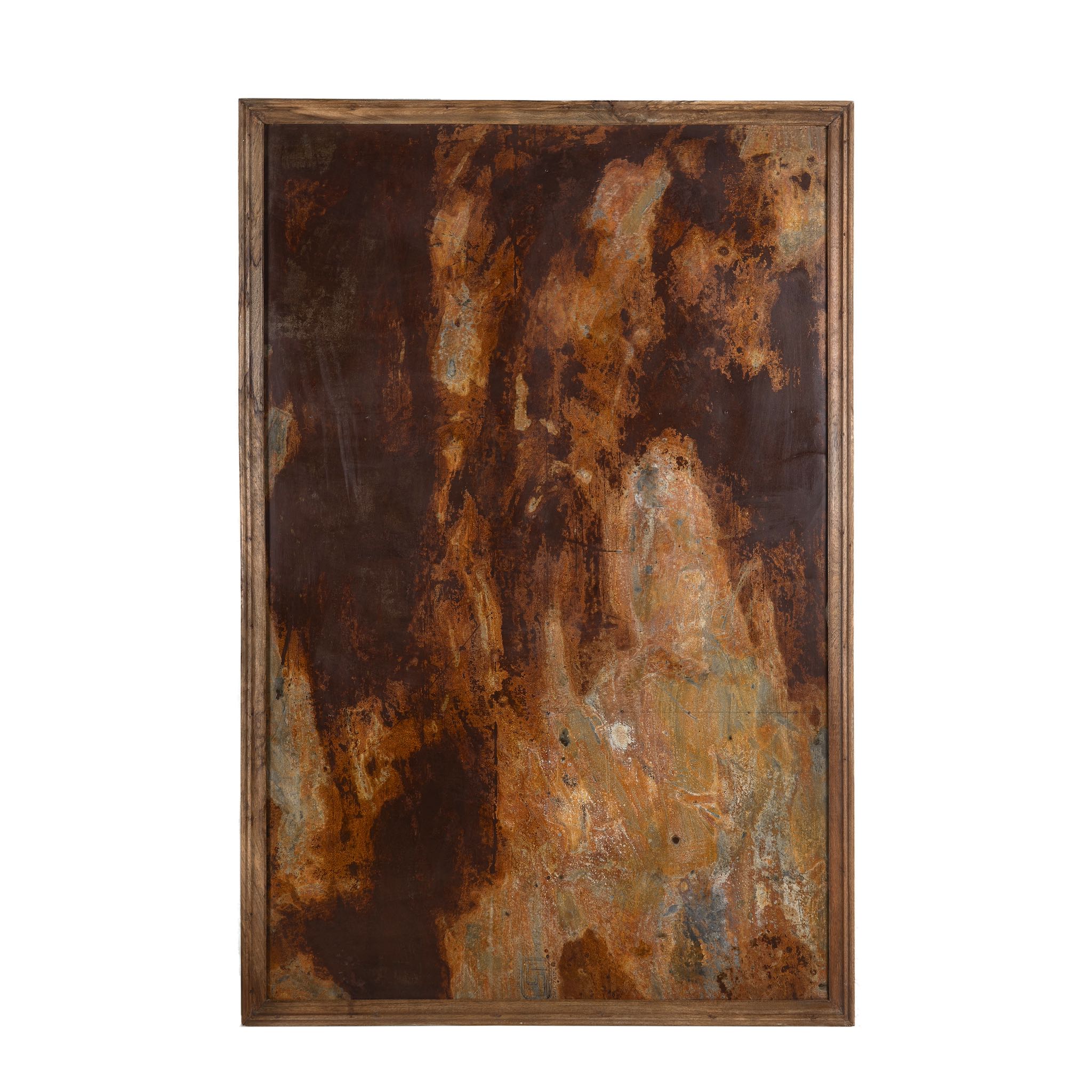 White background picture of a unique iron wall decoration featuring a naturally rusted iron panel with abstract patterns, framed in solid teak wood – ideal for modern and industrial interior decor.