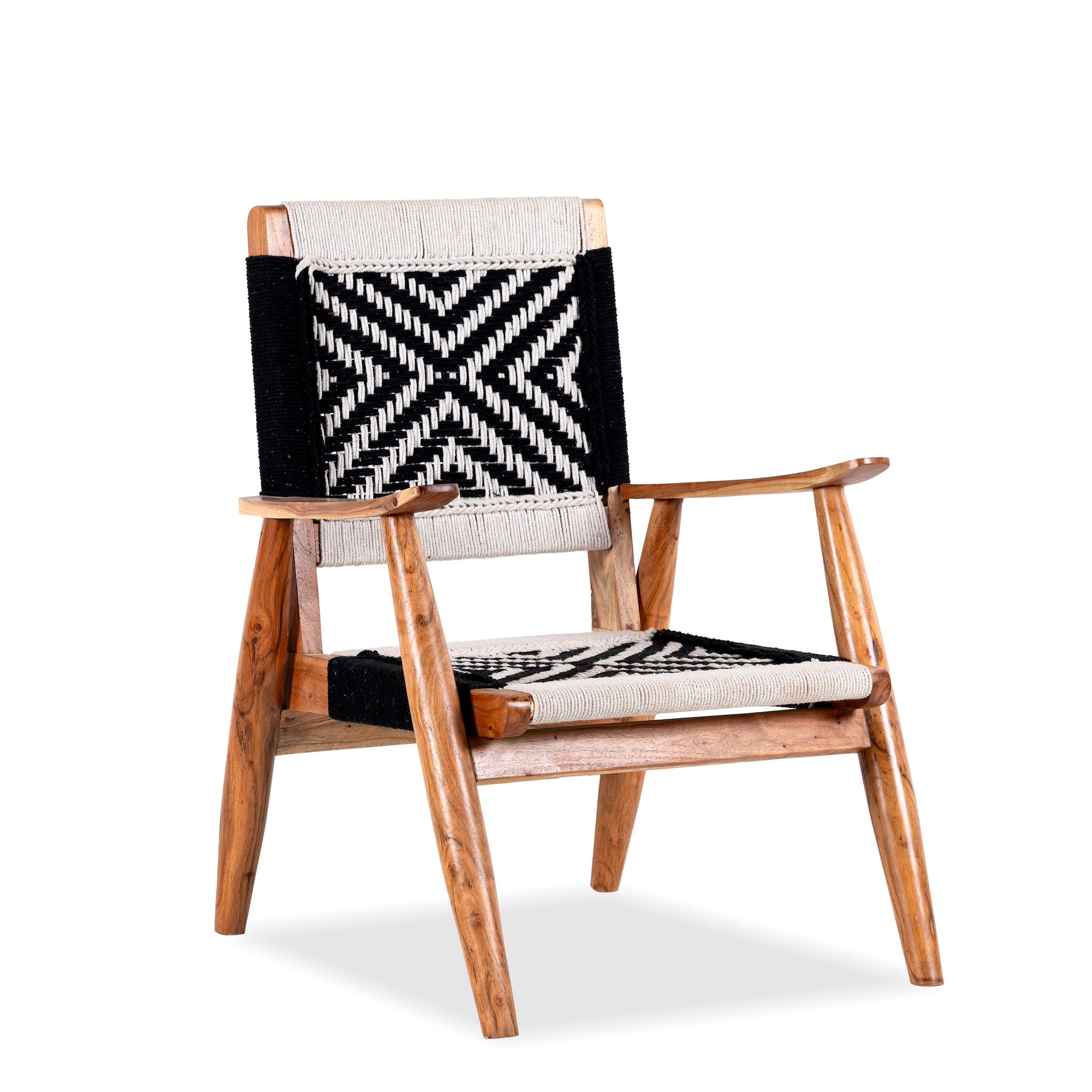 White background image of a acacia wood chair with black-and-white handwoven cotton rope seat and backrest; artisanal wooden armchair, 61 × 47 × 83 cm.