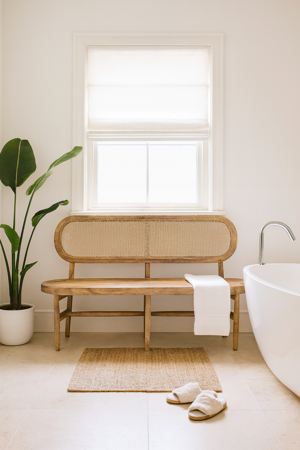 Lifestyle imagination of a mango wood bench with rattan backrest; handcrafted rattan furniture, 152 × 48 × 95 cm.