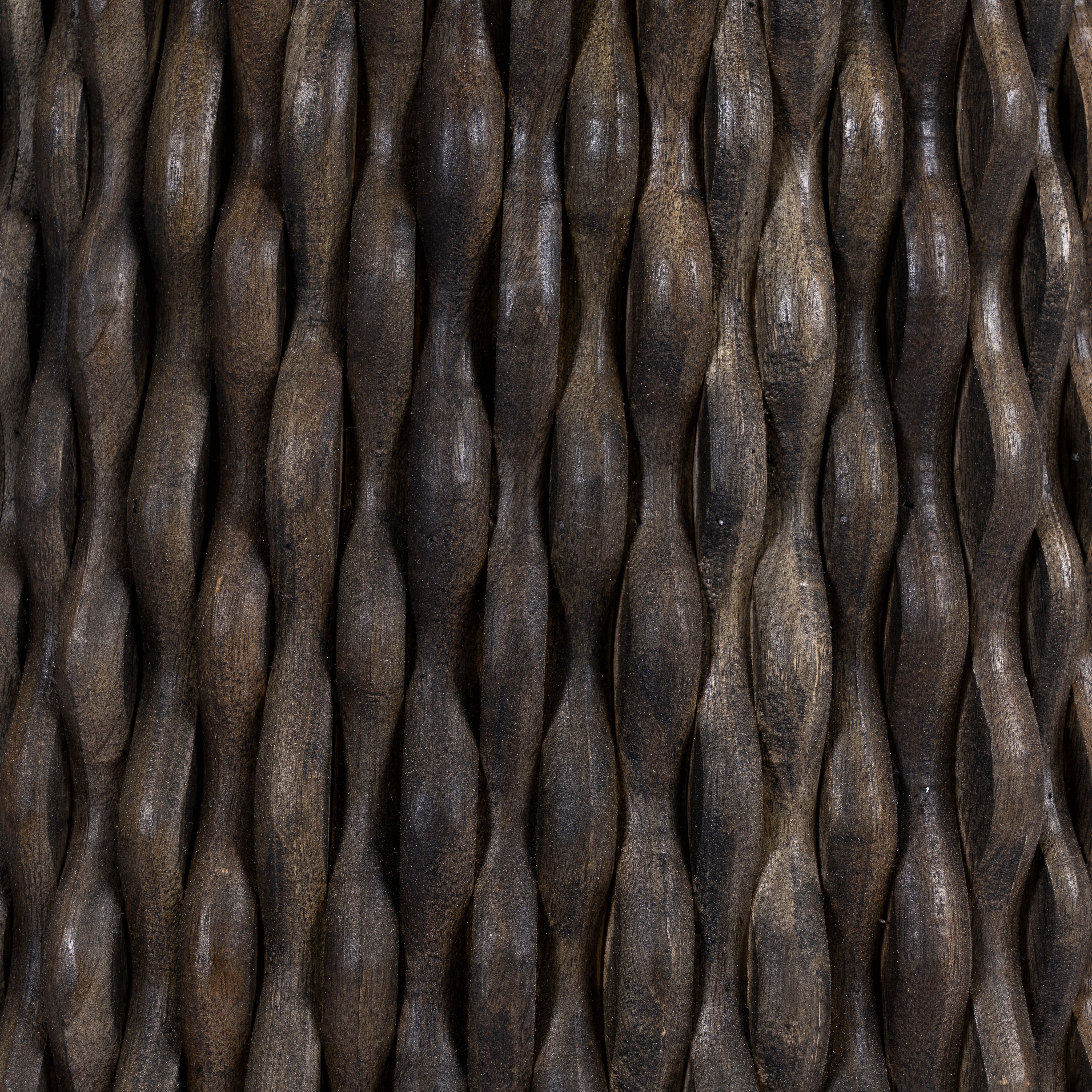 Close up image of a round dining table with white marble top and solid mango wood base, handcrafted strip design; elegant marble furniture piece, 120 cm diameter × 72 cm height.