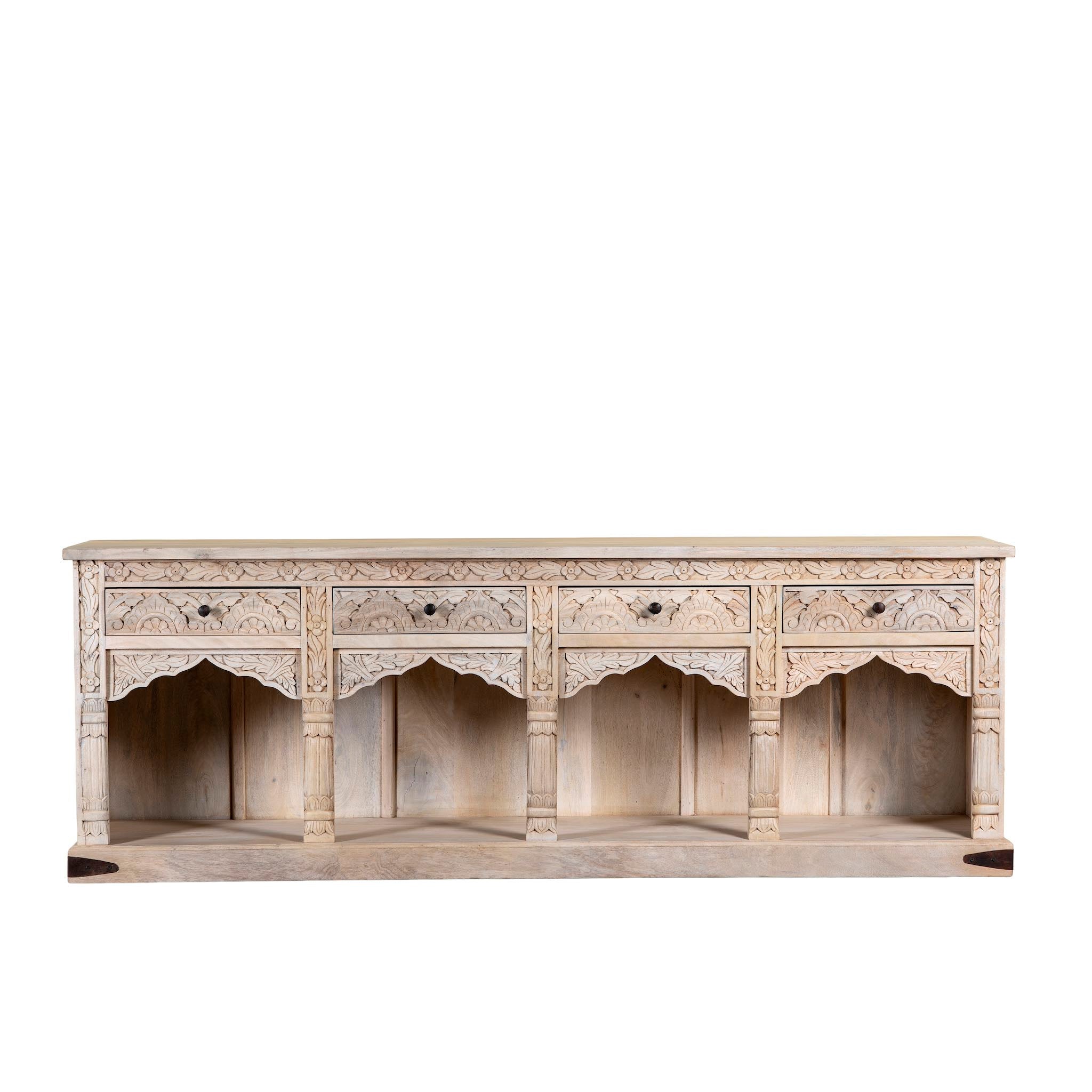 White background image of a carved console table made of sandblasted mango wood with four drawers and hand-carved front; vintage entryway table, 200 × 40 × 71 cm.