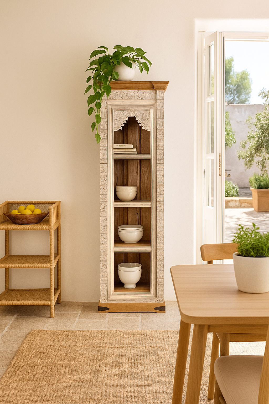 Lifestyle image of a hand carved white washed mango wood bookshelf with Mediterranean design – narrow wooden furniture piece with decorative carving and natural charm.