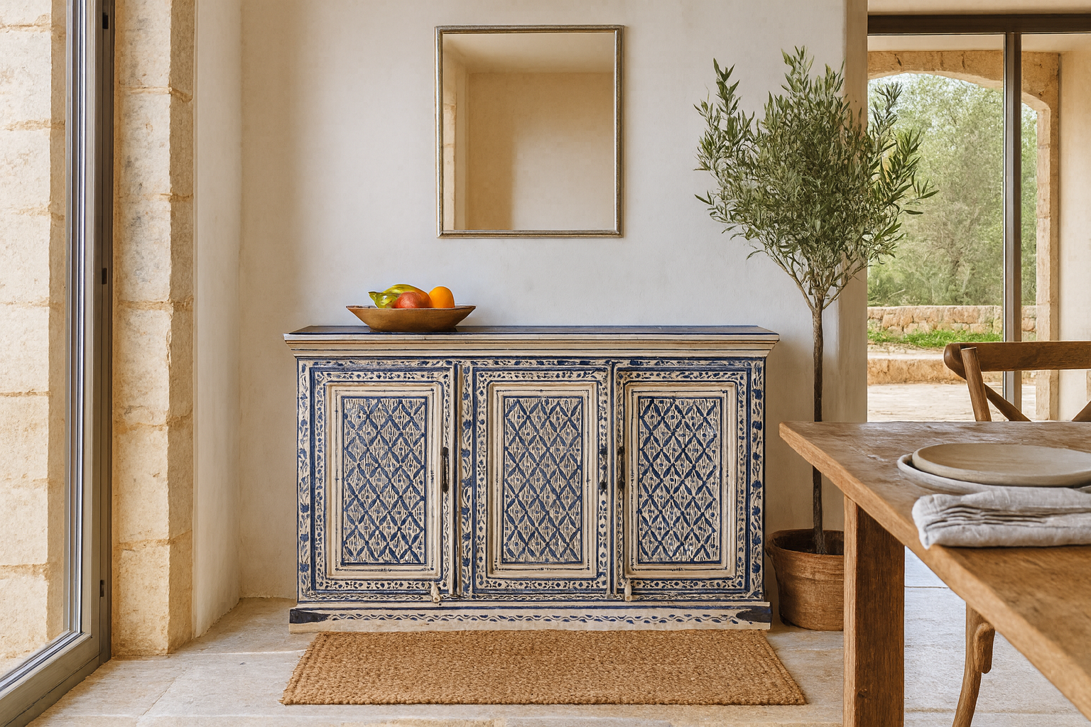 Lifestyle scene with a hand-painted sideboard made from reclaimed wood in indigo and cream tones – a handcrafted piece of reclaimed wood furniture perfect for hand painted interiors.