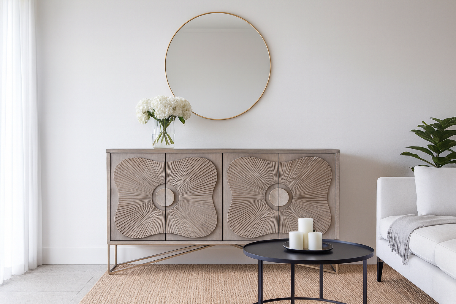 Lifestyle imagination of a handcrafted mango wood sideboard with floral-inspired sunburst carving, grey wash finish, and silver accents – mid century style furniture for elegant living spaces.