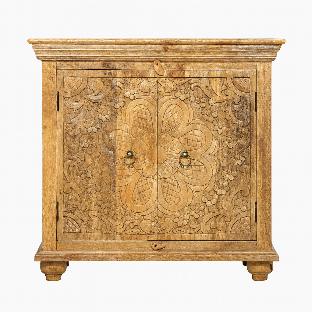 White background image of a Boho style mango wood furniture cabinet with hand-carved floral doors, Mediterranean-inspired design, 90 × 90 × 40 cm.