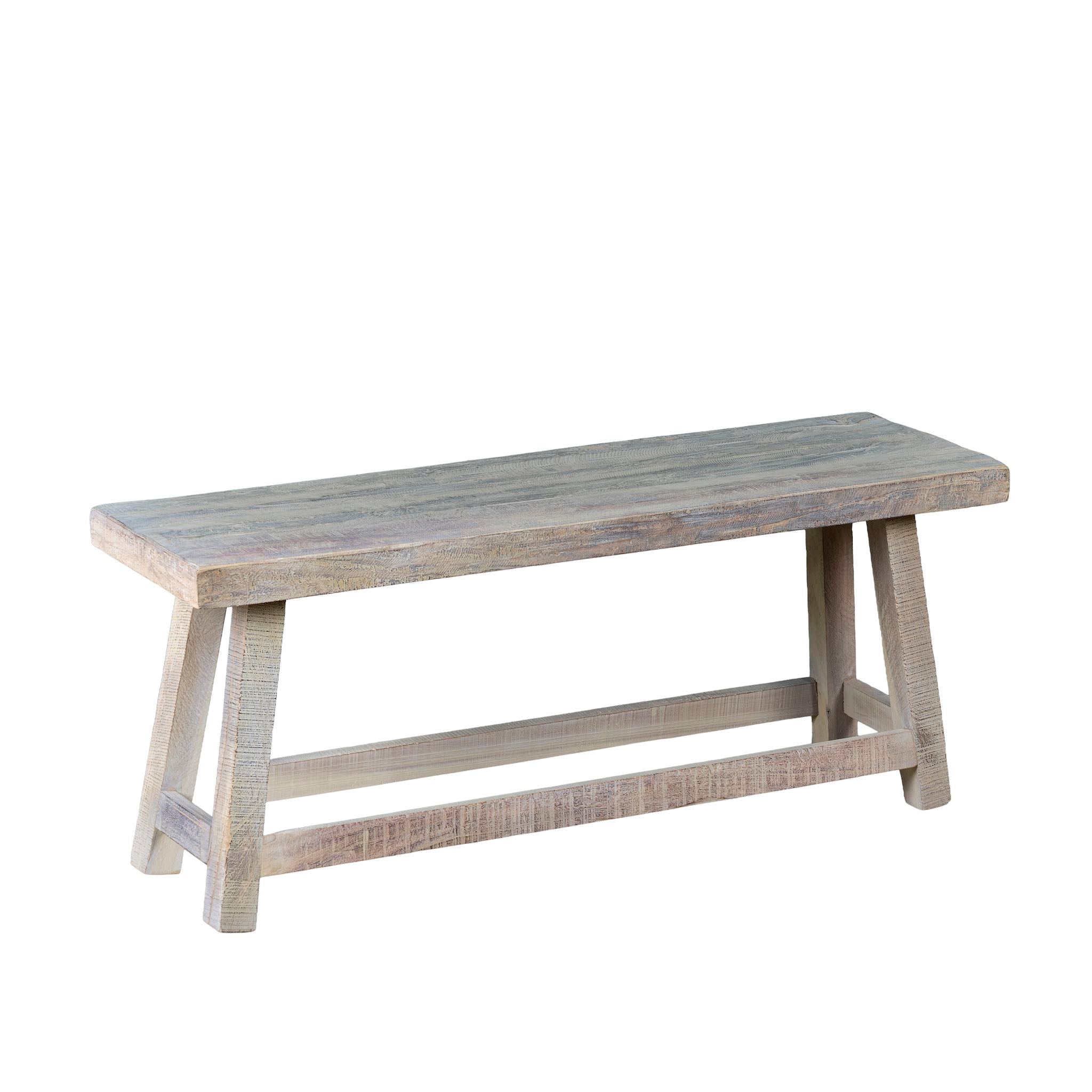 White background image of a sandblasted driftwood bench made of reclaimed wood, sustainable furniture with rustic design, 120 × 36 × 50 cm.