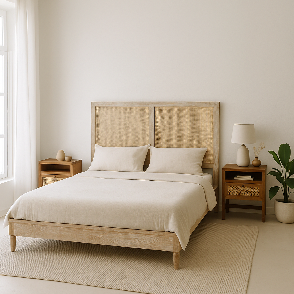 Beige bed with wooden headboard in a minimalistic bedroom setting