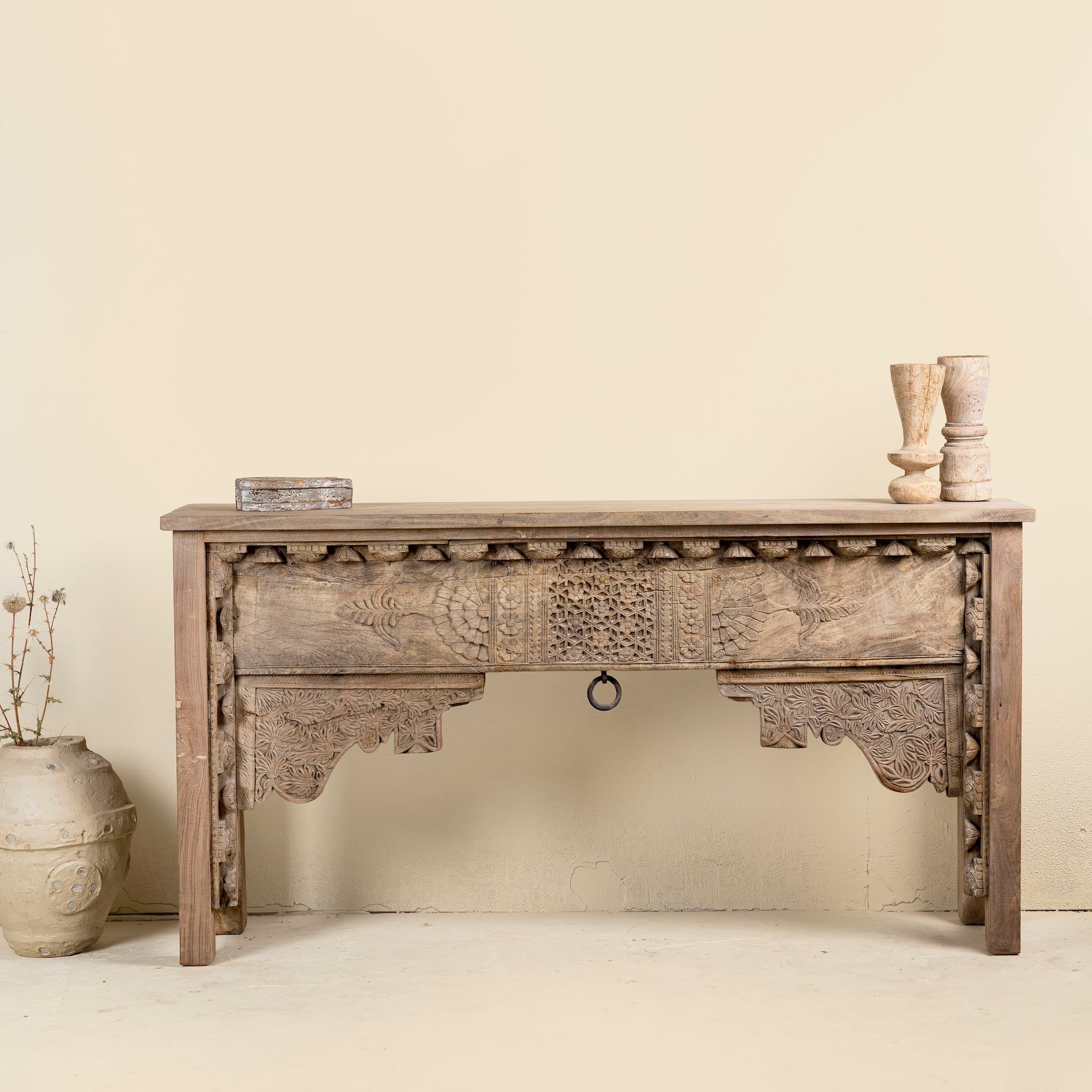 Tenzin handcrafted entryway table vintage, unique furniture in reclaimed teak wood with floral and geometric carvings, 160 × 40 × 90 cm.
