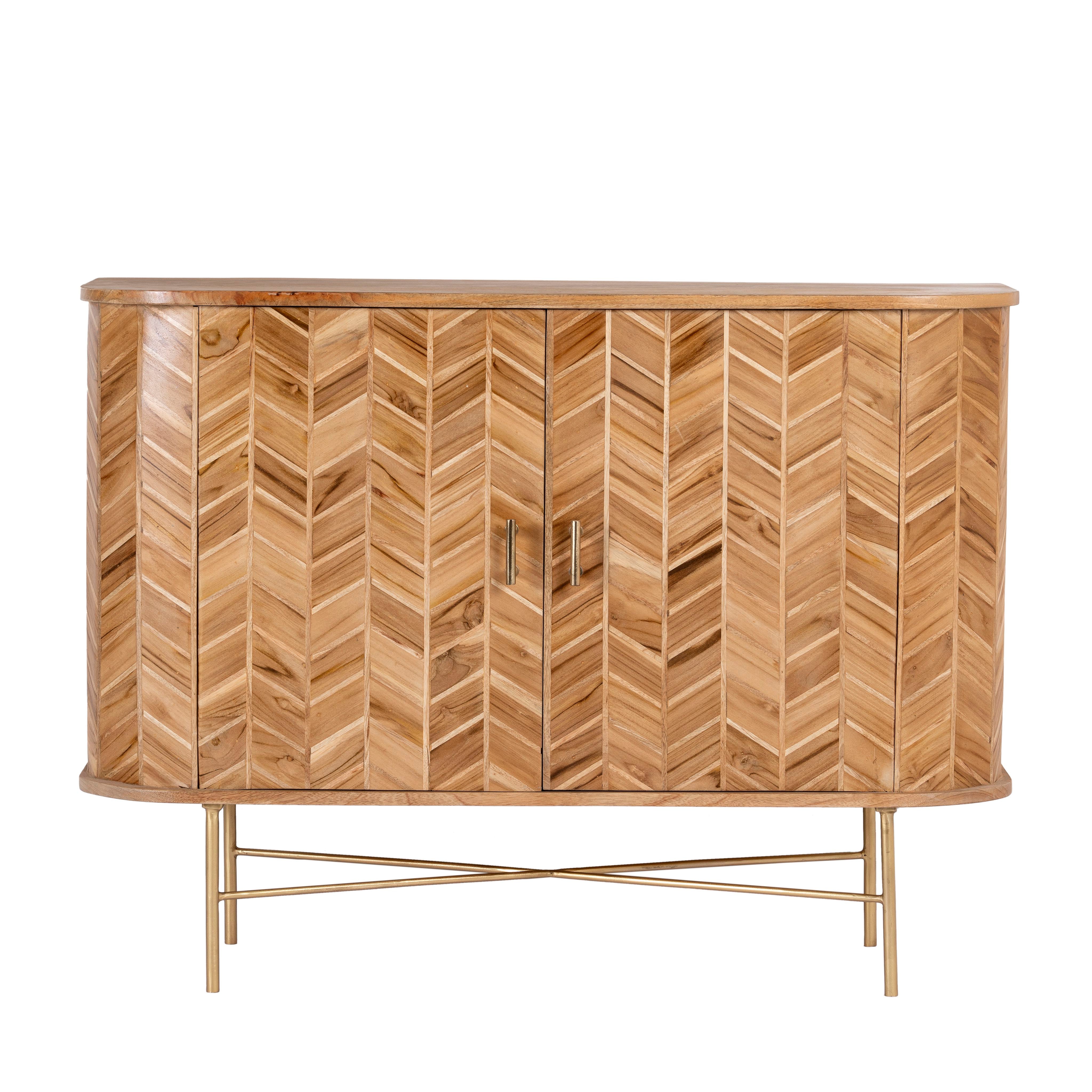 White background image of a handmade teak wood cabinet with chevron pattern, brass stand, and handles—minimalistic style living room furniture with modern and natural appeal.