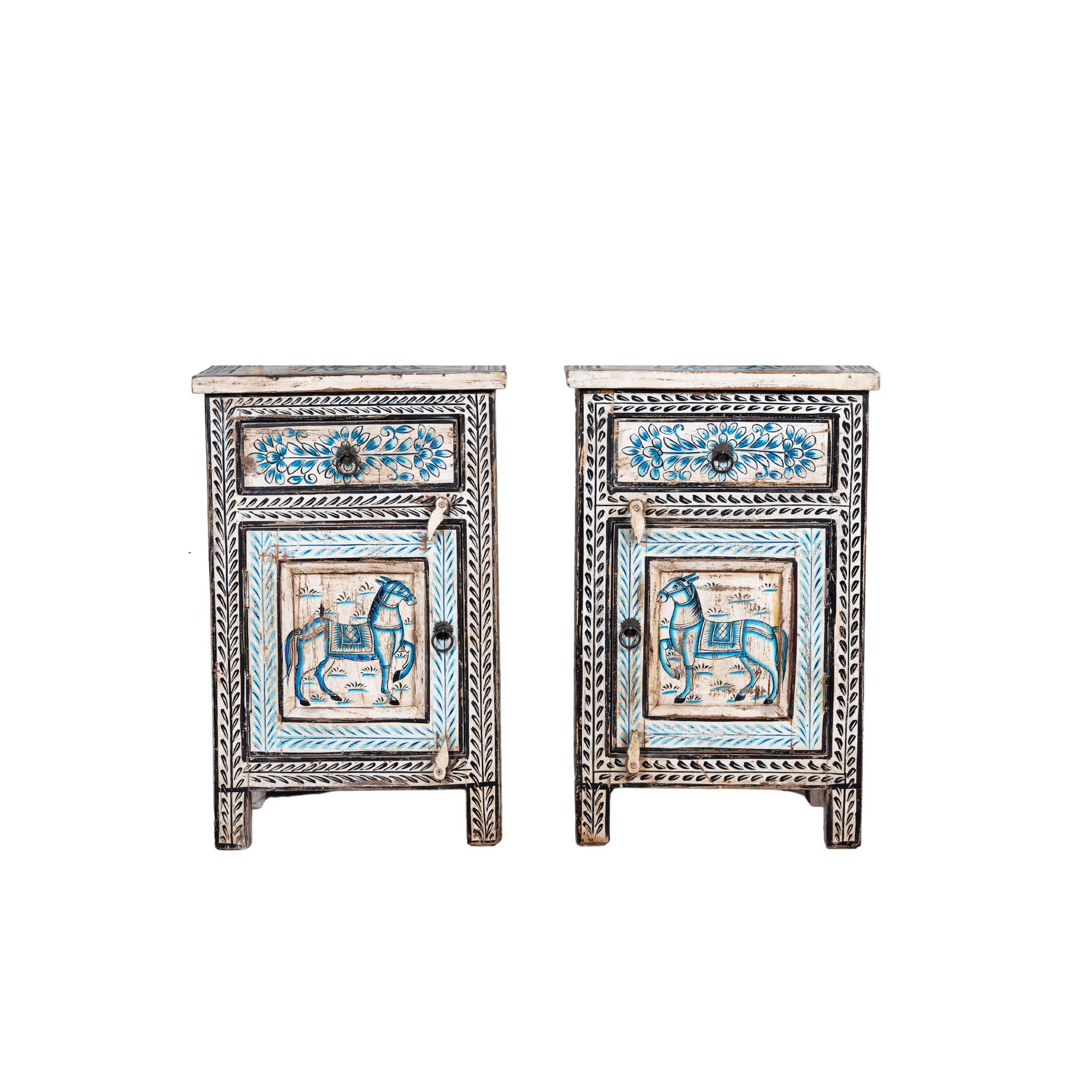 White background image of a set of two hand painted night stands with floral and horse motifs; sustainable furniture made of reclaimed wood, 45 × 35 × 70 cm.