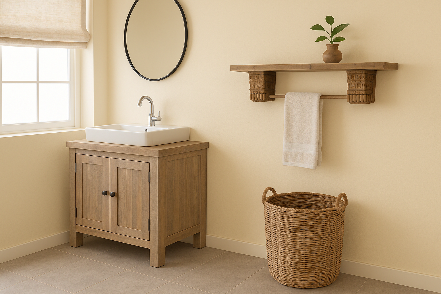 Life style imagination of a unique wall shelf made of reclaimed teak wood with carved supports from Indian house parts; rustic vintage home accessories, 100 × 20 × 15 cm.