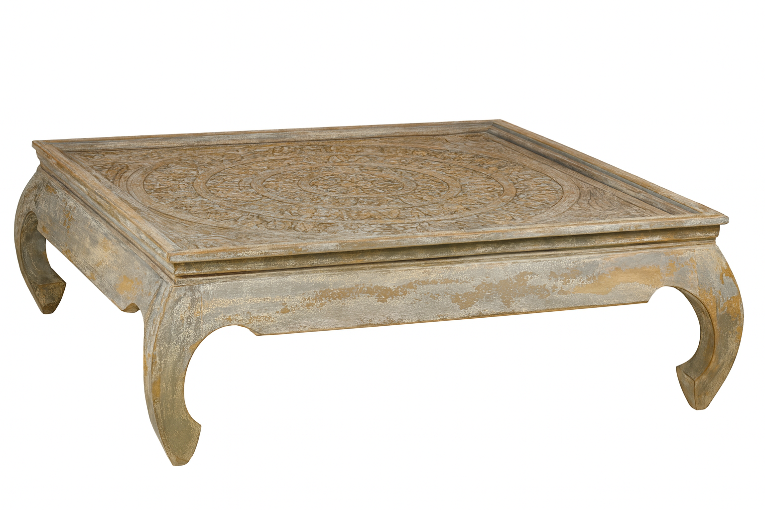 White background image of a square hand carved mango wood coffee table with floral top and vintage multi-layer finish; 120 × 120 × 45 cm.