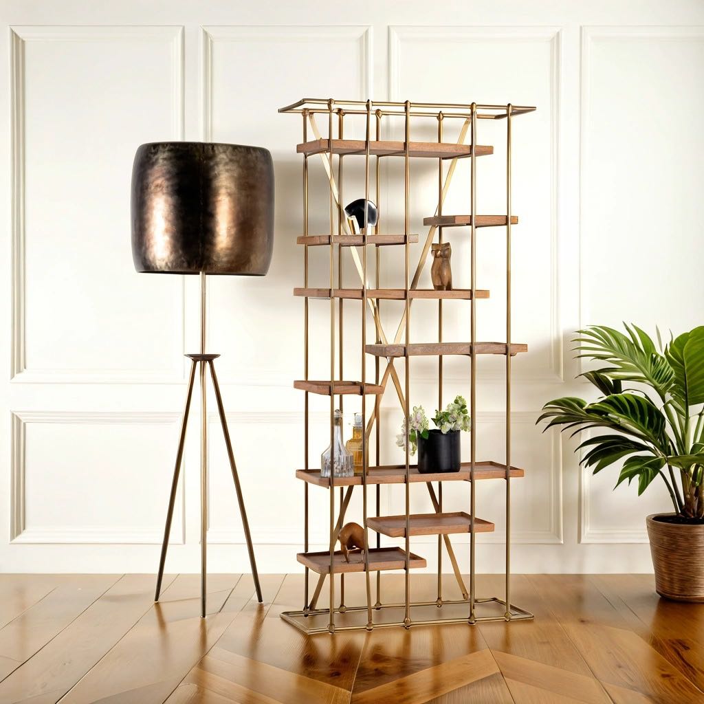 A brass-plated iron shelf with mango wood trays, featuring a copper finish on the iron and natural wood grain on the trays, placed in a room with decorative items on it.