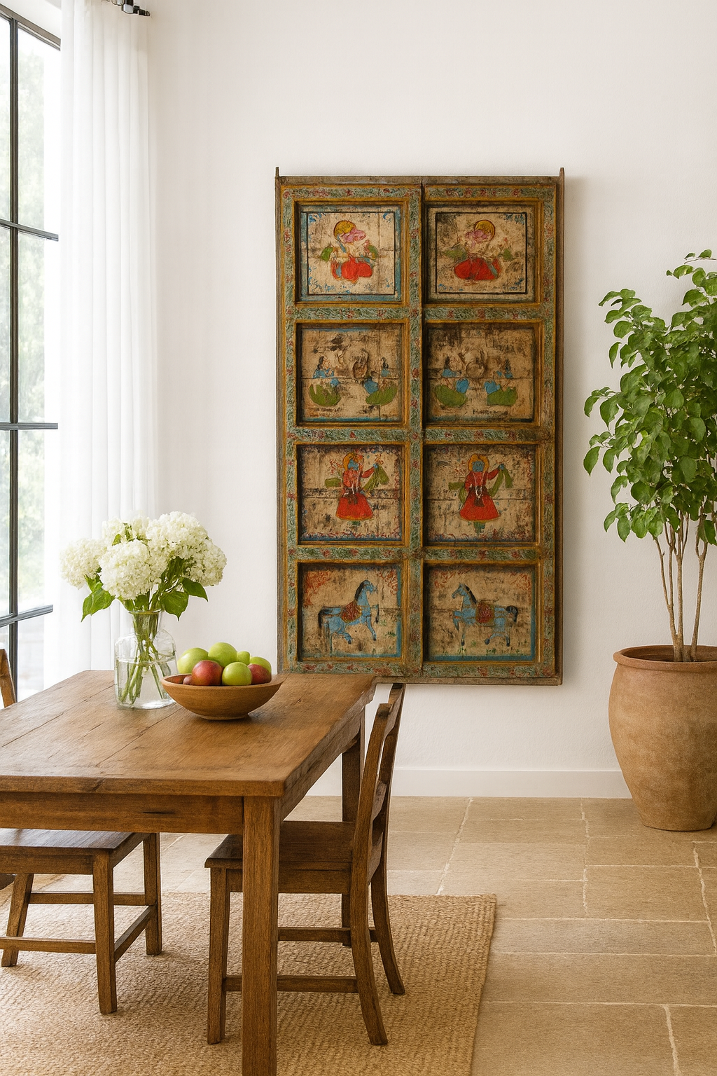 Lifestyle image of a Vedant hand-painted teak wood wall decoration featuring eight illustrated folklore panels, an expressive and detailed wall decoration from antique Indian door panels.