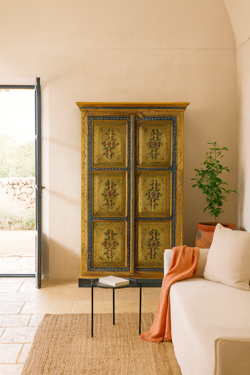 Lifestyle imagination of a hand painted wardrobe made from reclaimed wood with floral motifs and distressed finish; ideal for a boho chic living room or eclectic bedroom, 90 × 40 × 150 cm.