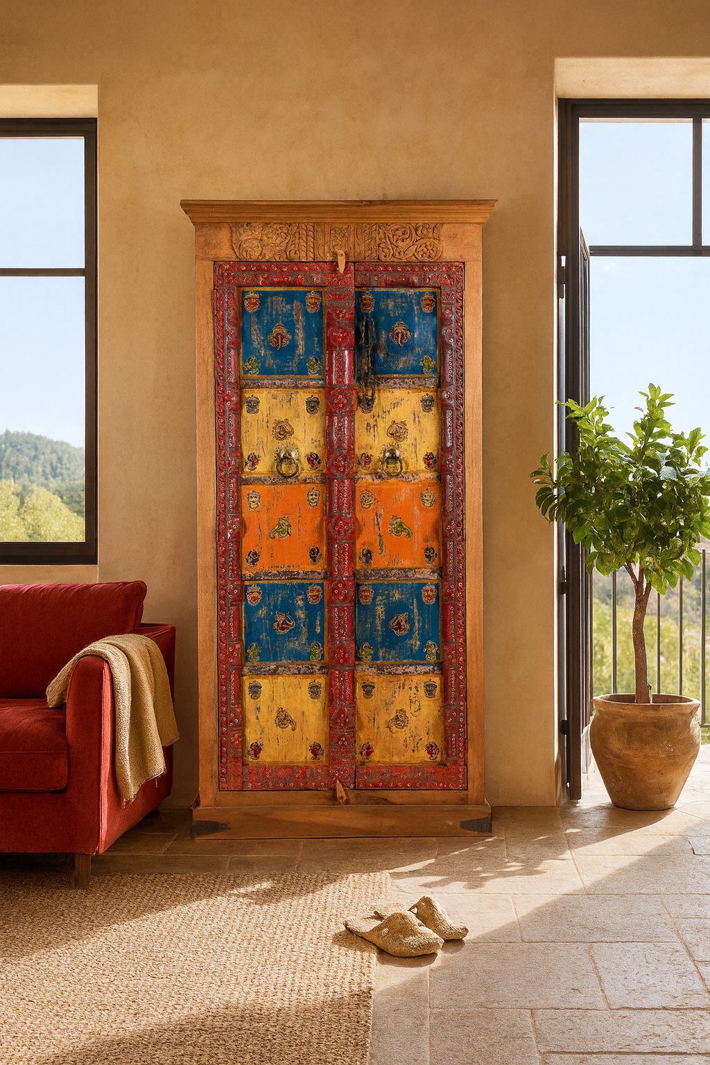 Lifestyle image of a hand-painted cabinet made from reclaimed teak wood with colourful Indian motifs – sustainable furniture and vintage teak wood craftsmanship for bold interiors.